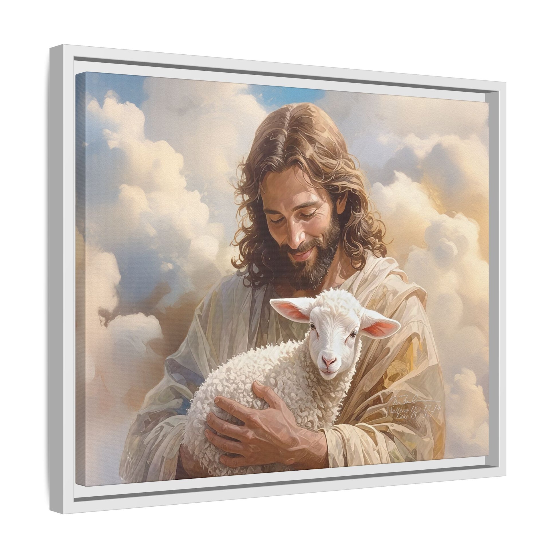 Jesus Christ and the Lost Lamb - Framed Matte Canvas Print.