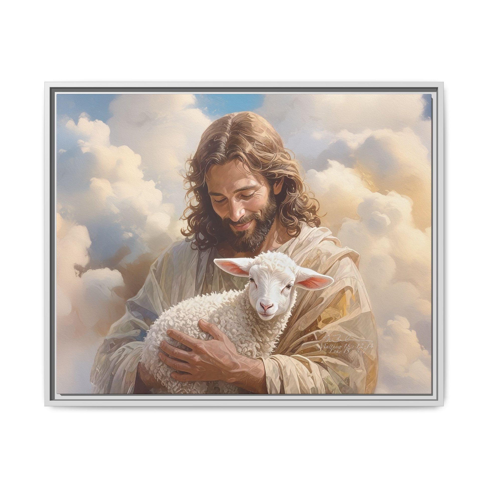 Jesus Christ and the Lost Lamb - Framed Matte Canvas Print.