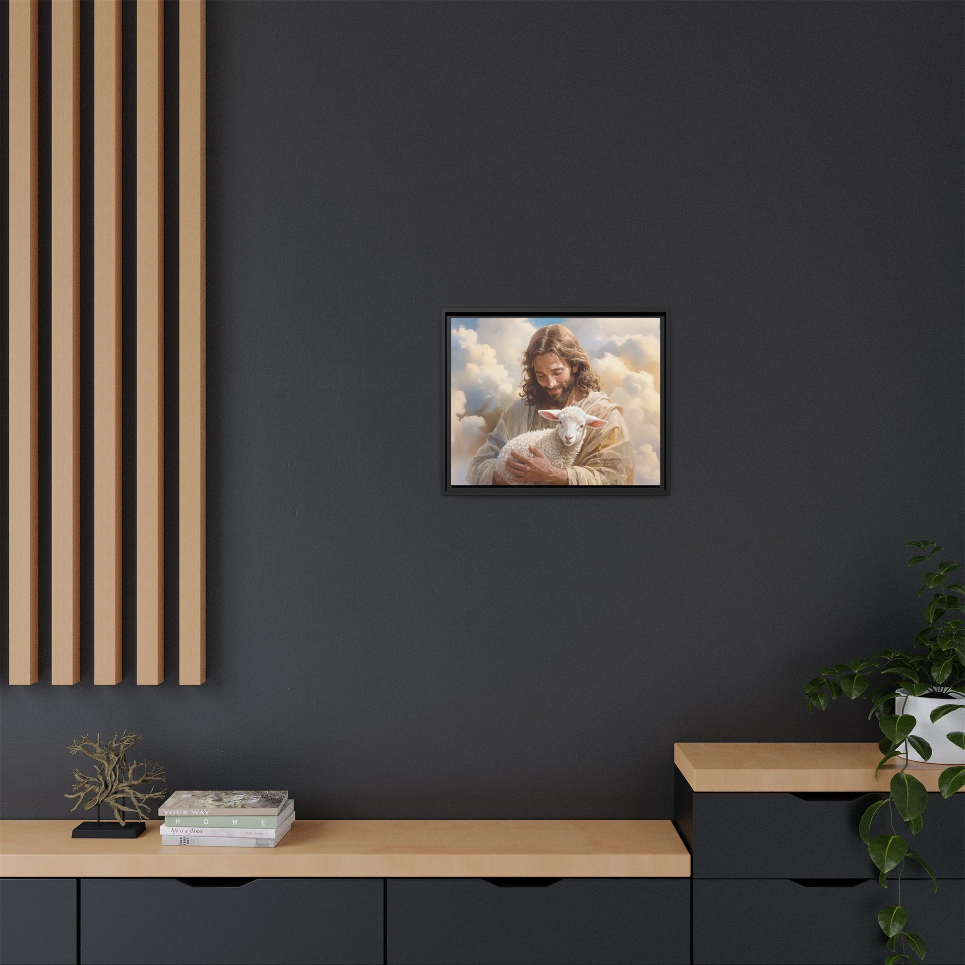 Jesus Christ and the Lost Lamb - Framed Matte Canvas Print.