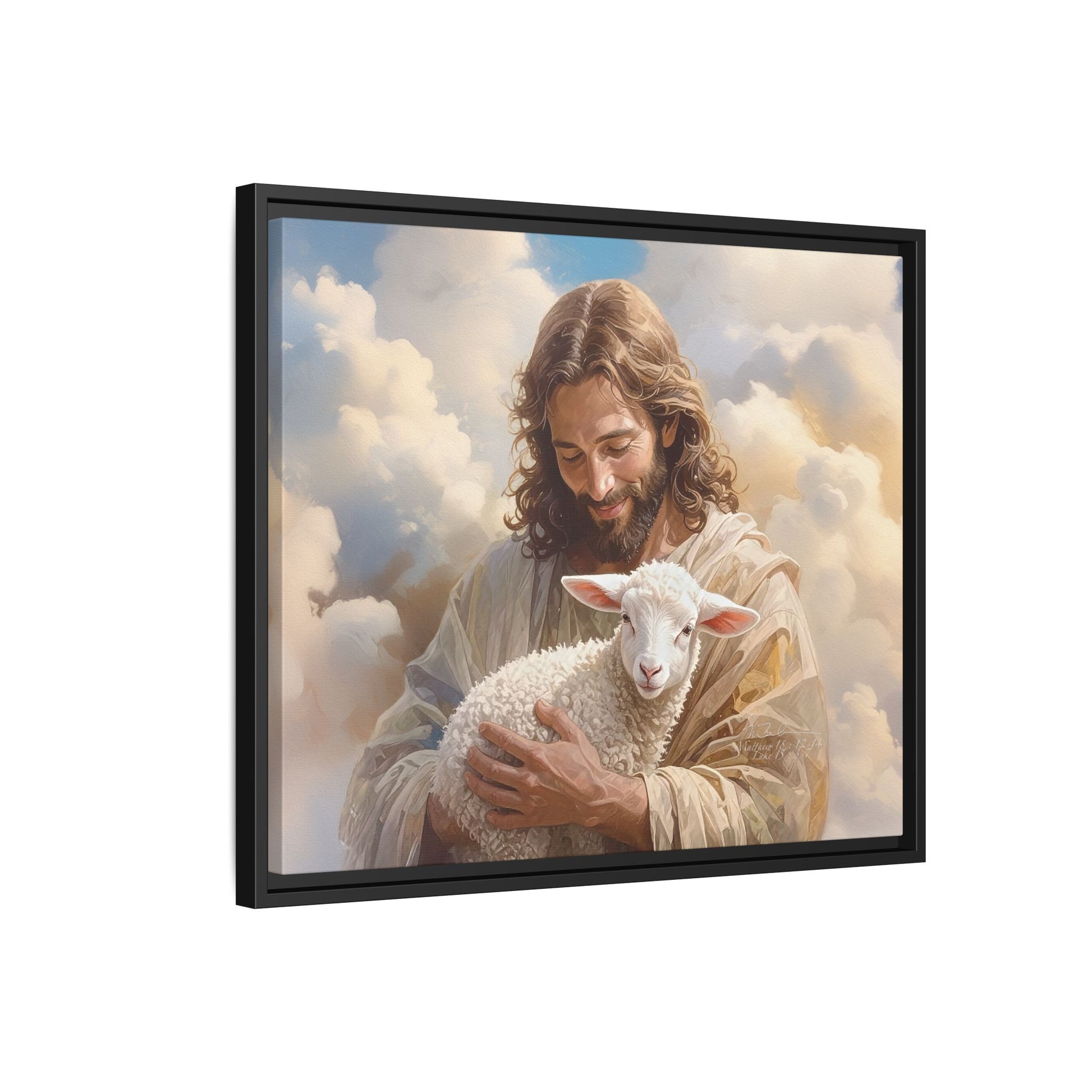 Jesus Christ and the Lost Lamb - Framed Matte Canvas Print.