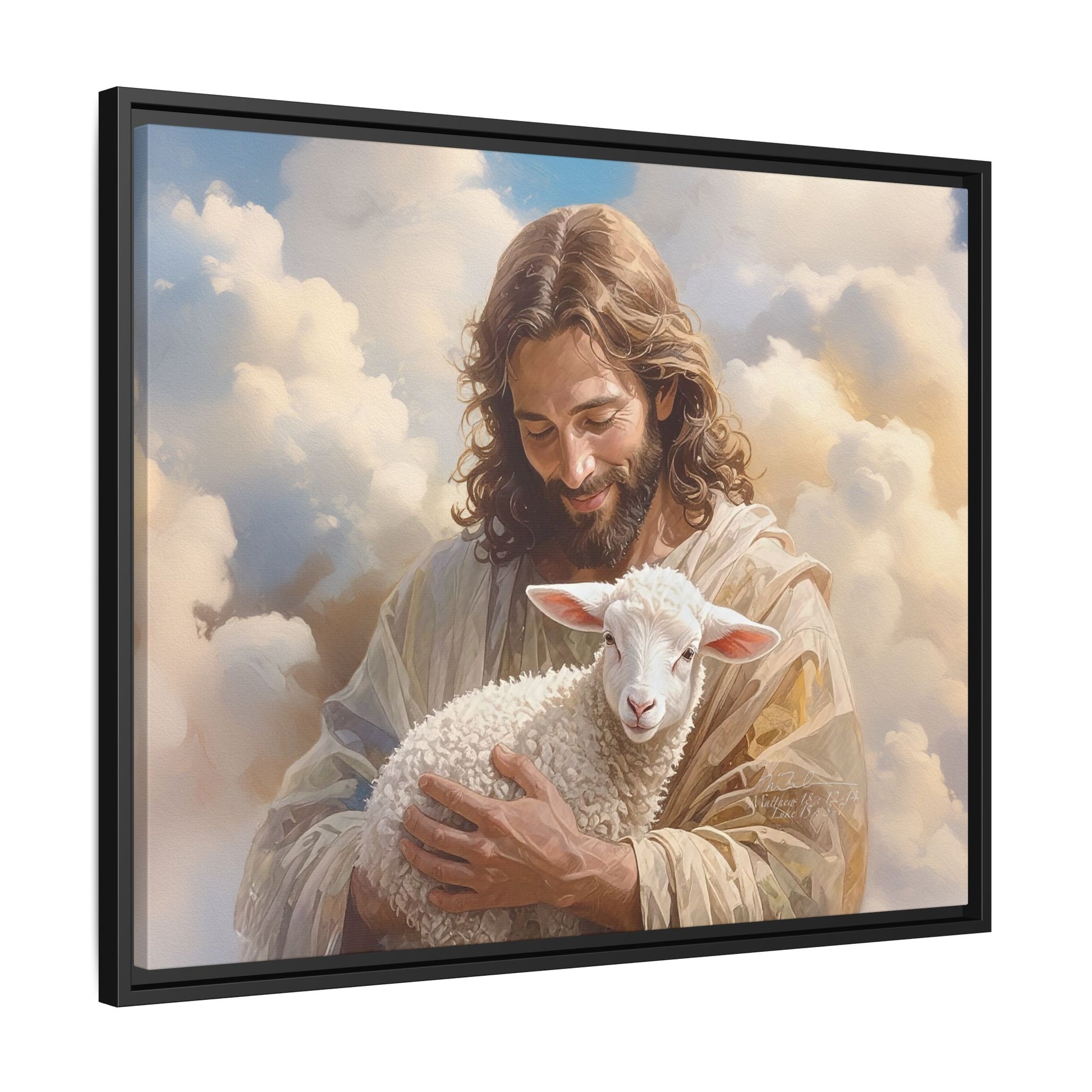 Jesus Christ and the Lost Lamb - Framed Matte Canvas Print.