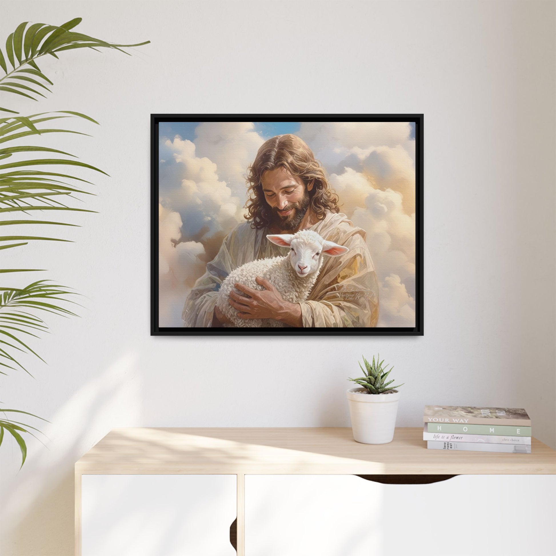 Jesus Christ and the Lost Lamb - Framed Matte Canvas Print.