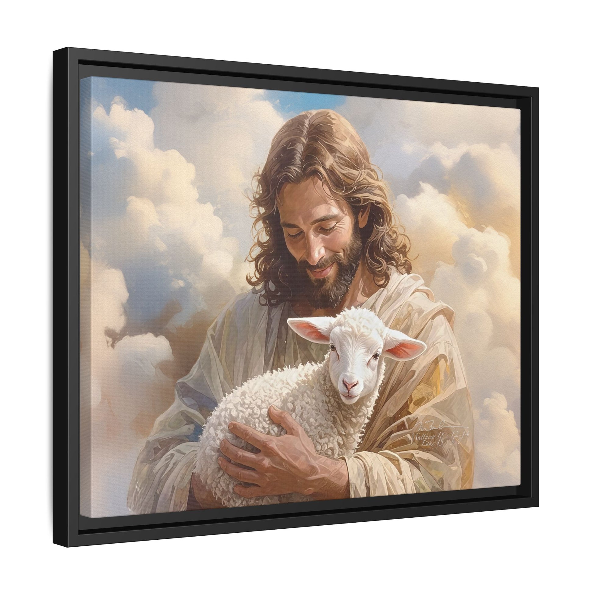 Jesus Christ and the Lost Lamb - Framed Matte Canvas Print.