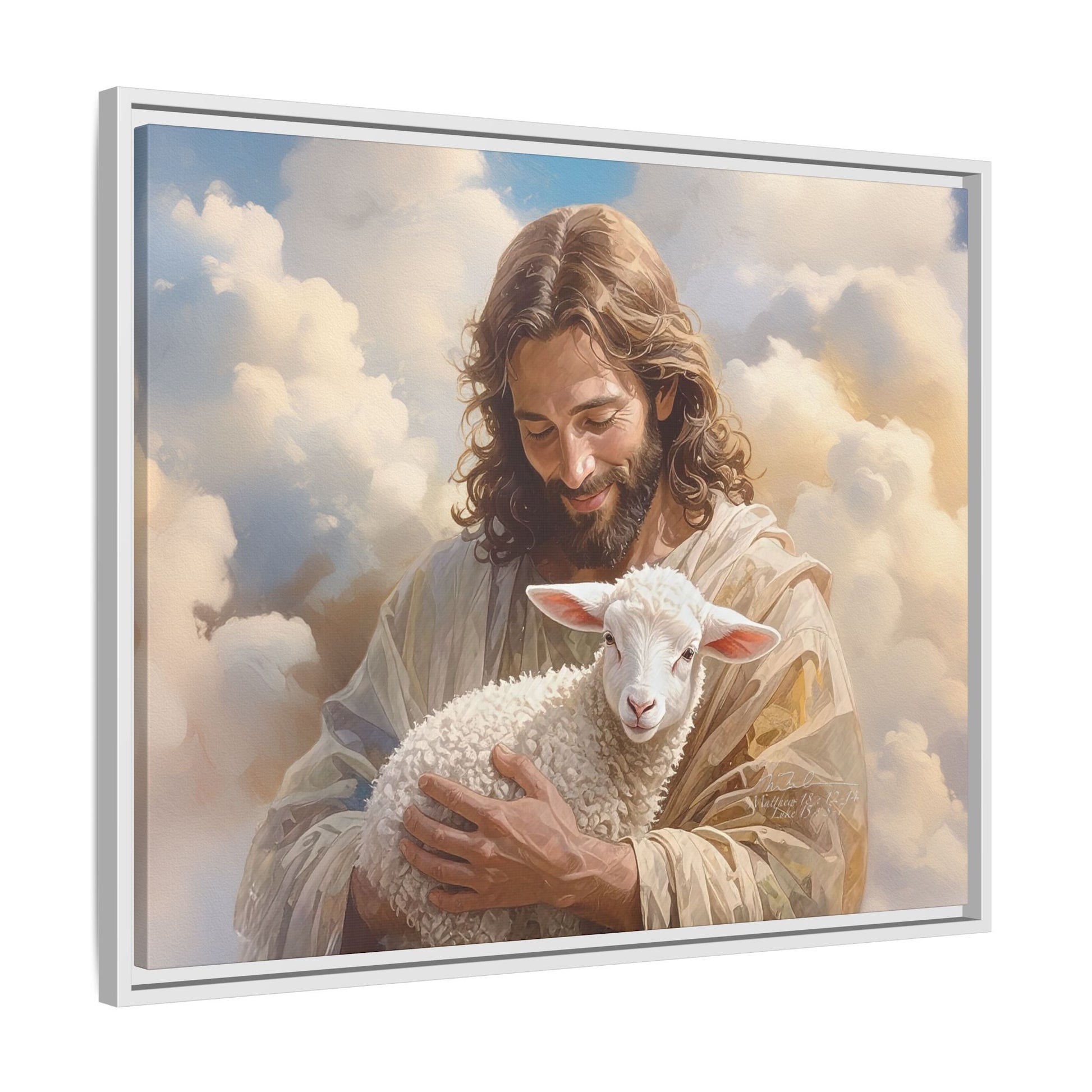 Jesus Christ and the Lost Lamb - Framed Matte Canvas Print.