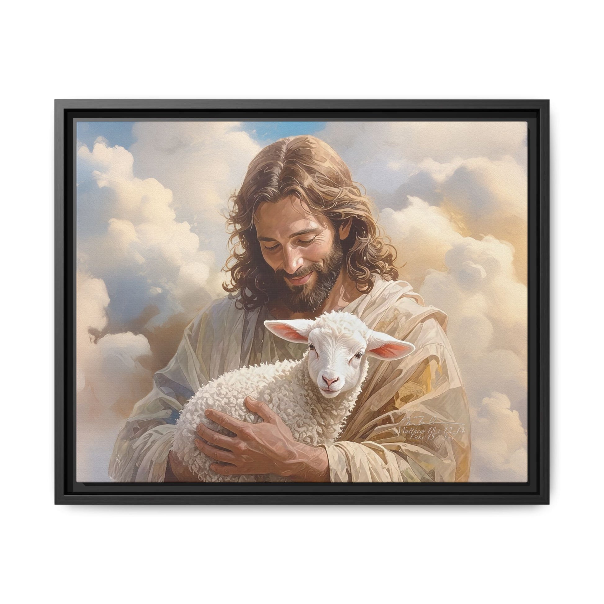 Jesus Christ and the Lost Lamb - Framed Matte Canvas Print.