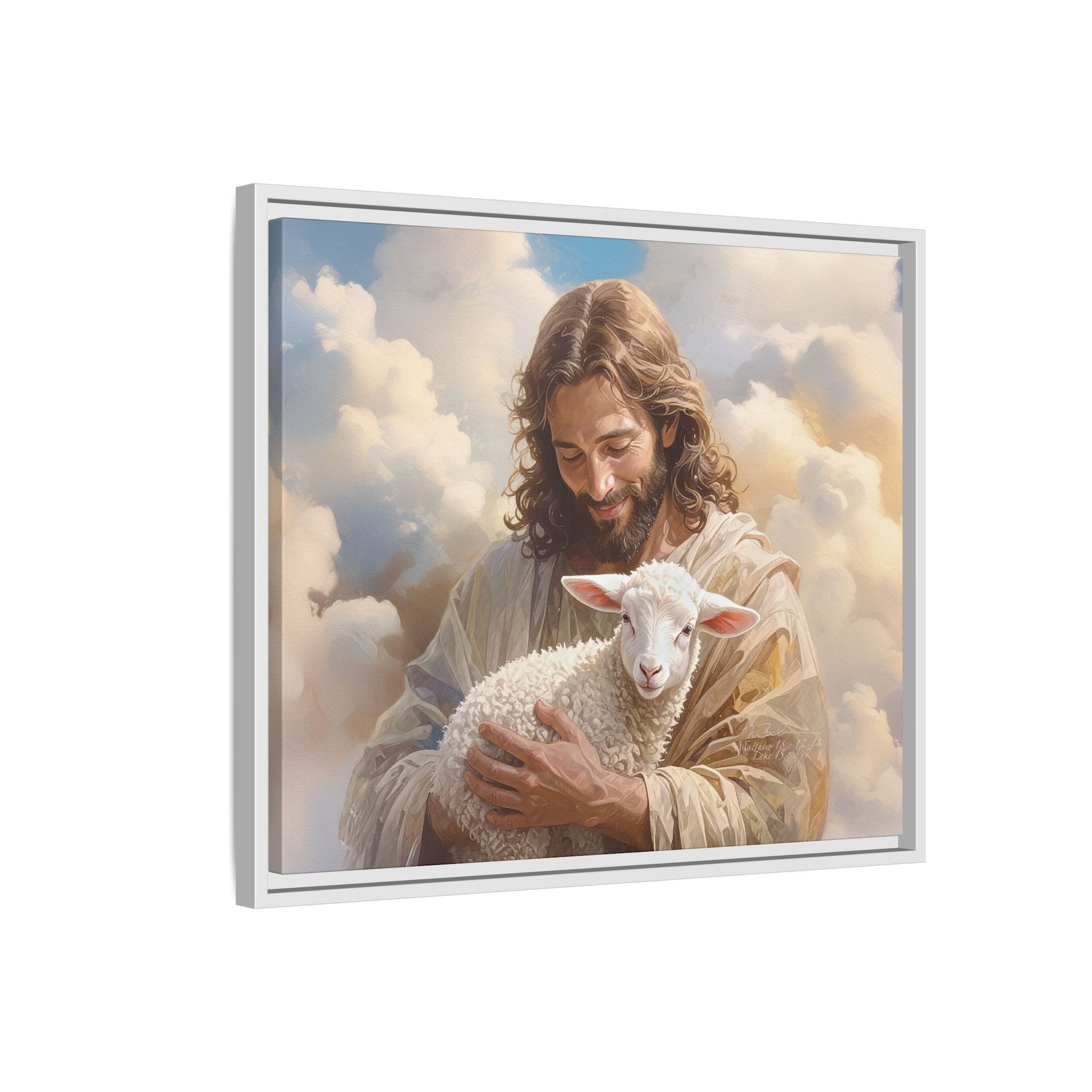 Jesus Christ and the Lost Lamb - Framed Matte Canvas Print.