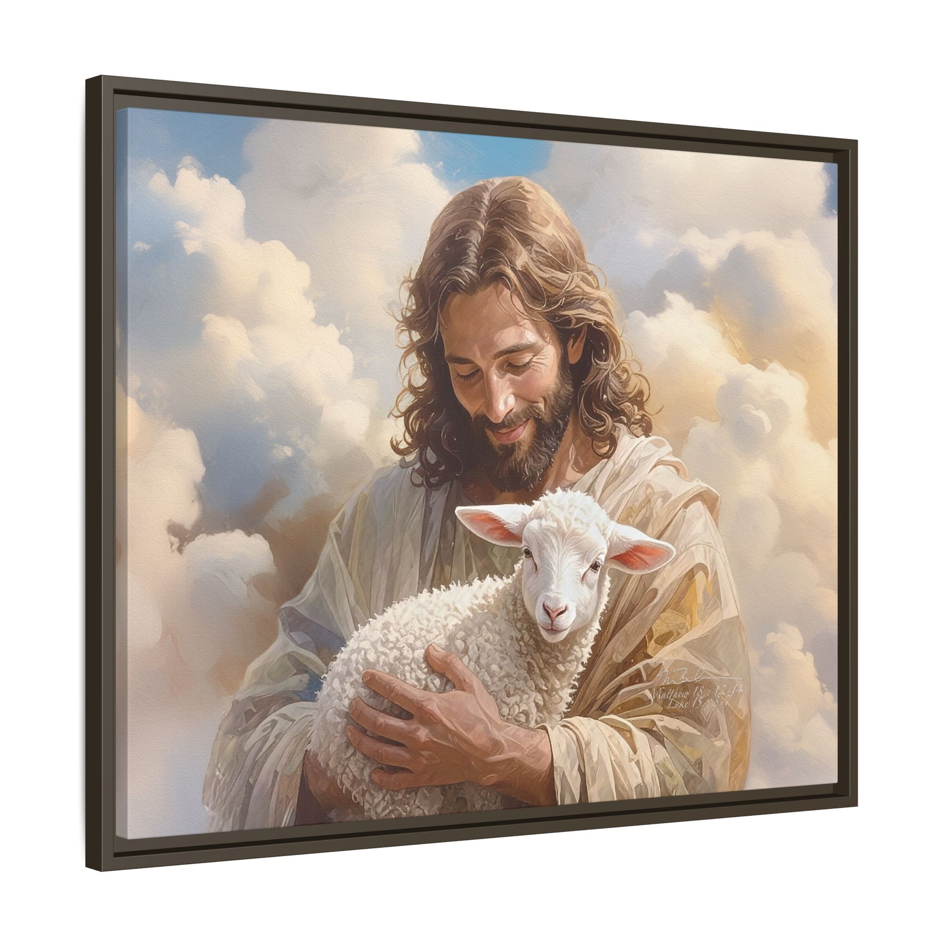 Jesus Christ and the Lost Lamb - Framed Matte Canvas Print.