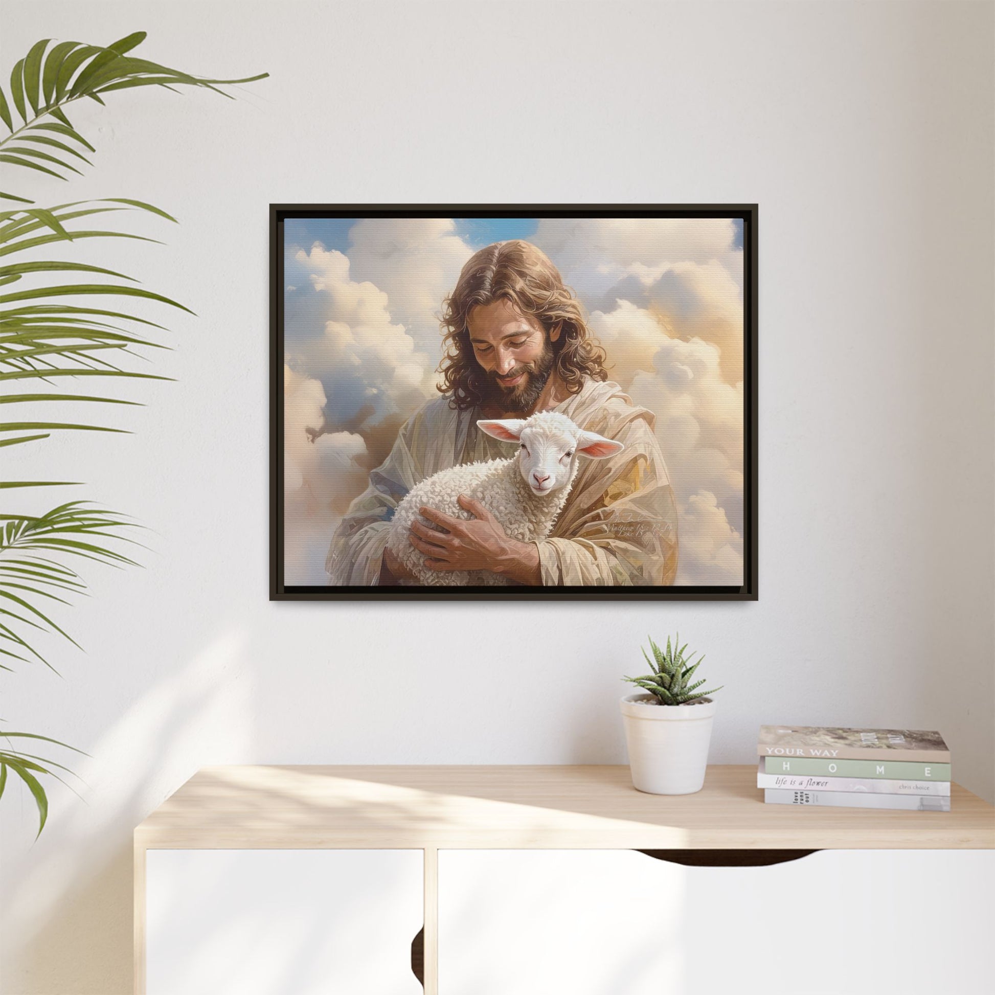 Jesus Christ and the Lost Lamb - Framed Matte Canvas Print.