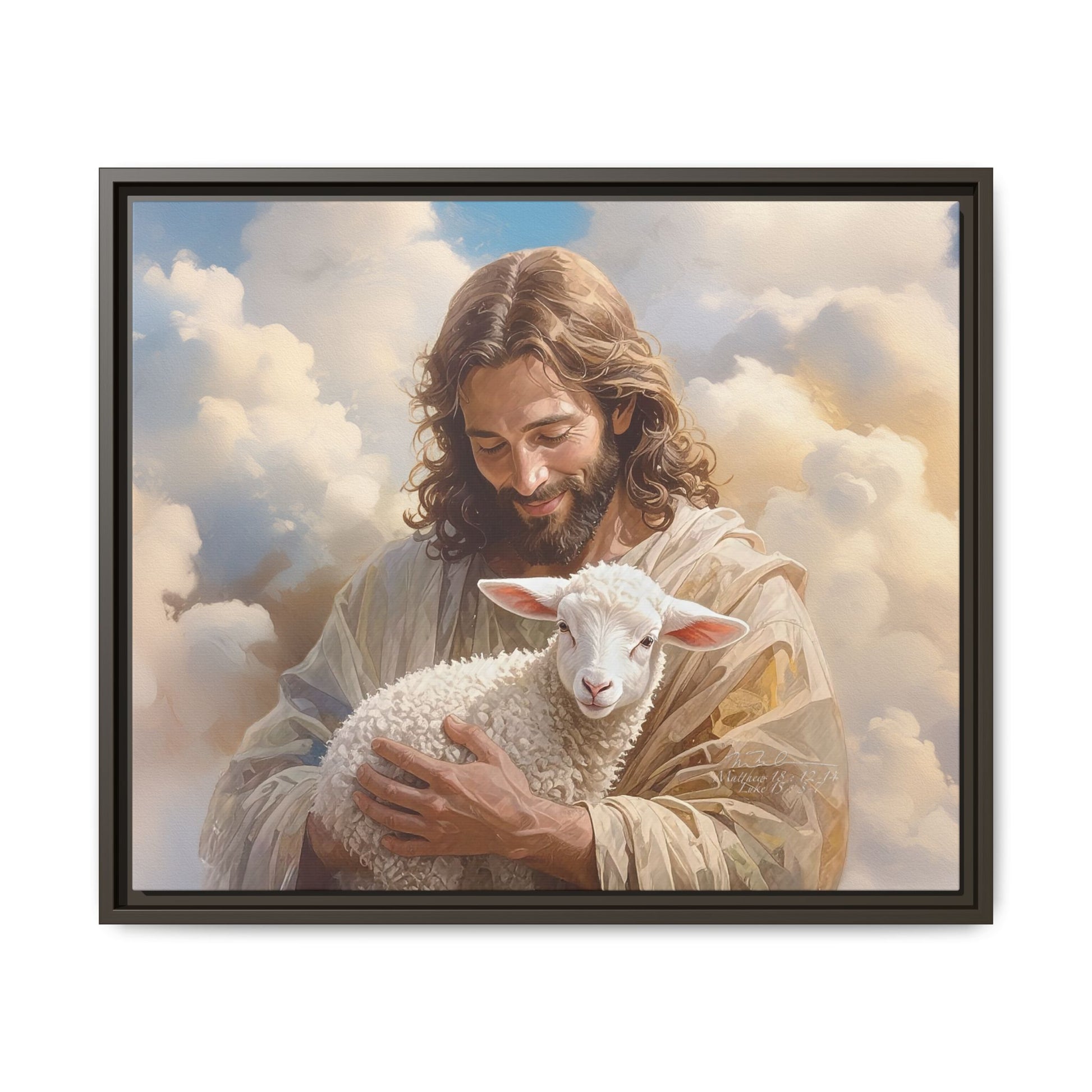 Jesus Christ and the Lost Lamb - Framed Matte Canvas Print.