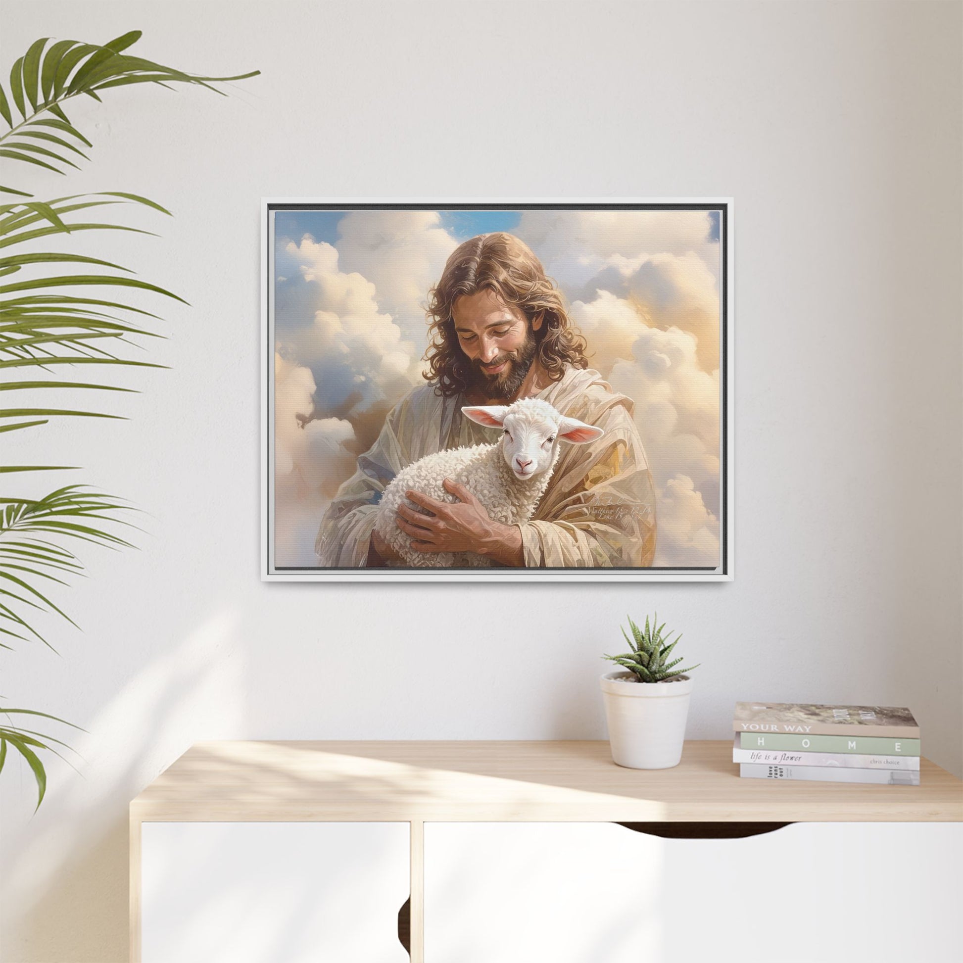 Jesus Christ and the Lost Lamb - Framed Matte Canvas Print.