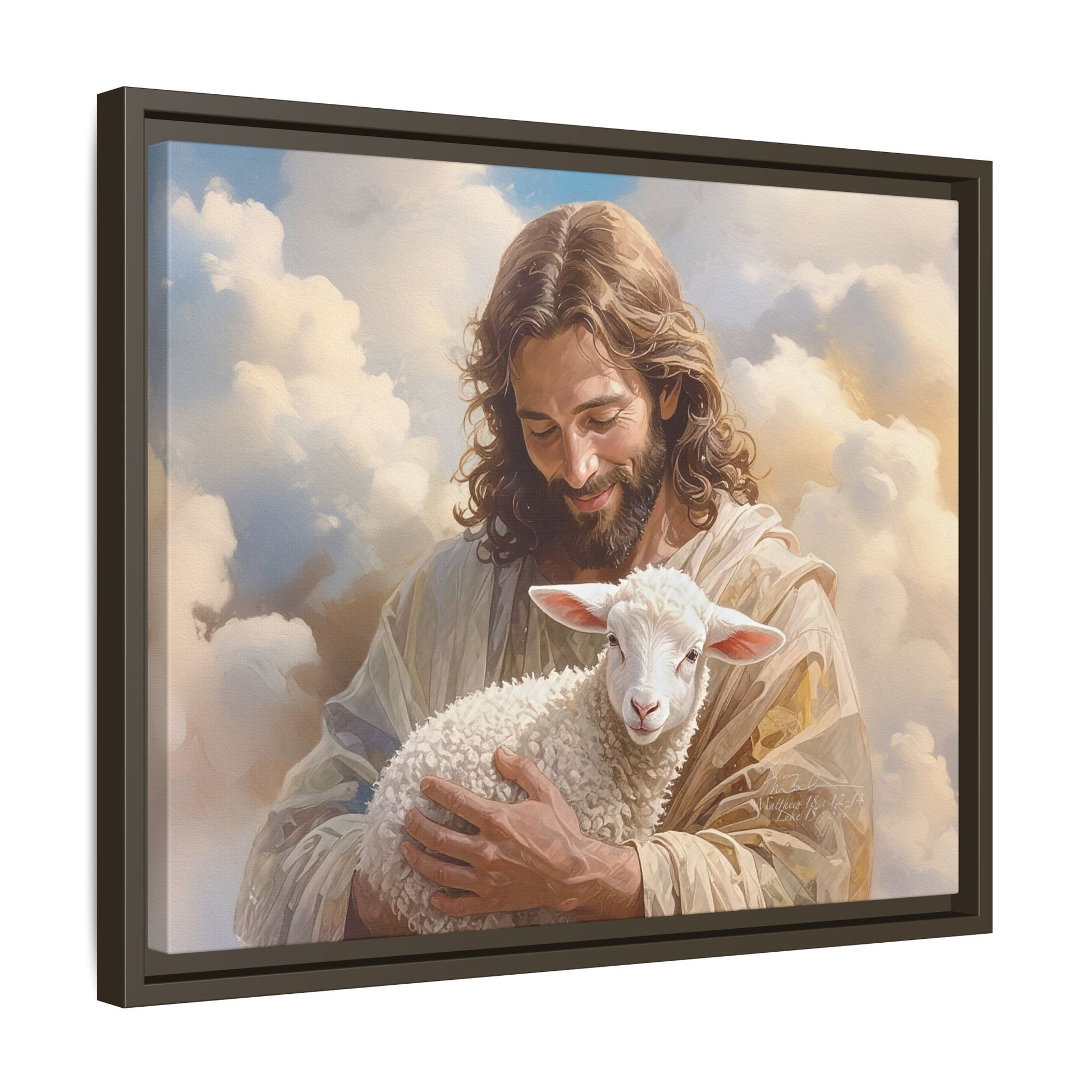 Jesus Christ and the Lost Lamb - Framed Matte Canvas Print.