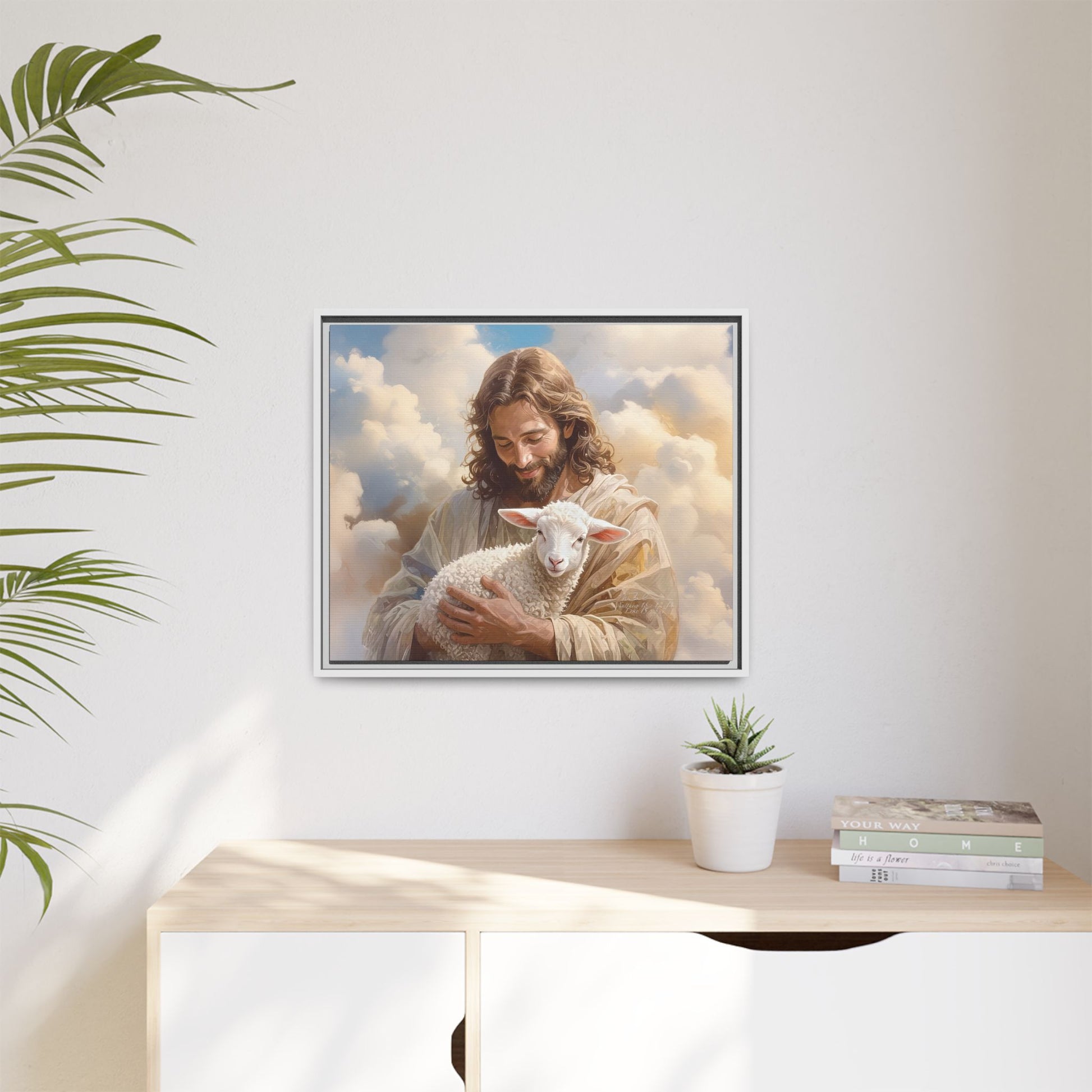 Jesus Christ and the Lost Lamb - Framed Matte Canvas Print.
