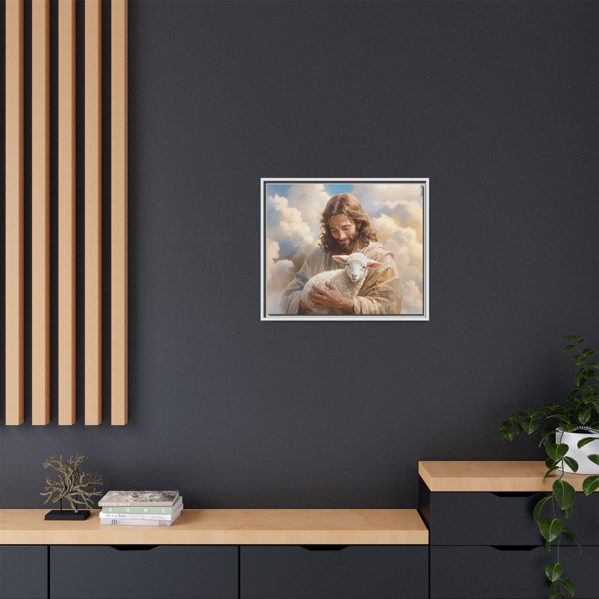 Jesus Christ and the Lost Lamb - Framed Matte Canvas Print.
