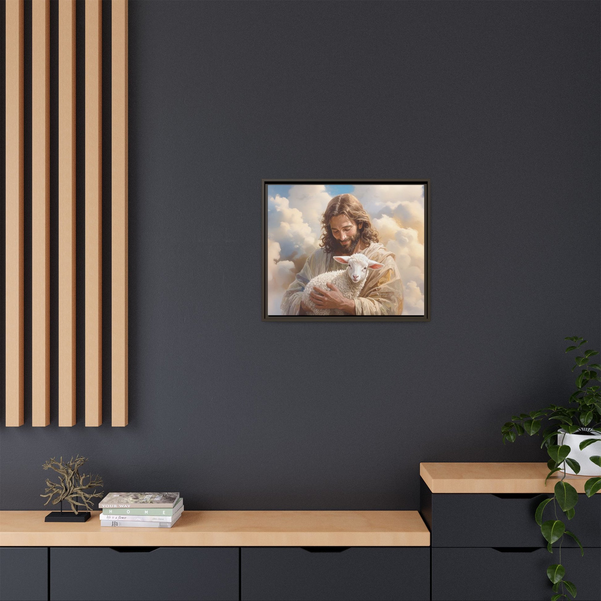 Jesus Christ and the Lost Lamb - Framed Matte Canvas Print.