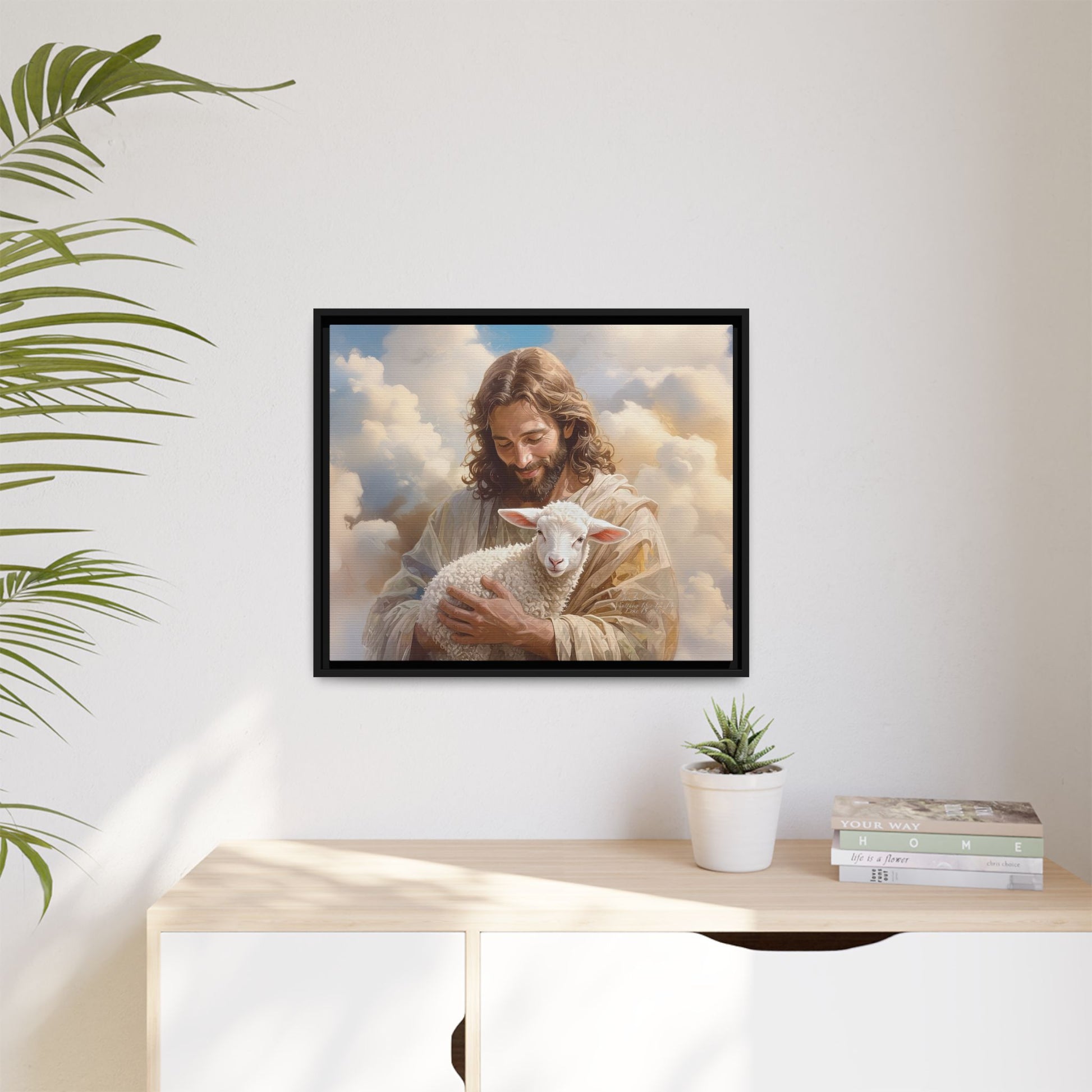 Jesus Christ and the Lost Lamb - Framed Matte Canvas Print.