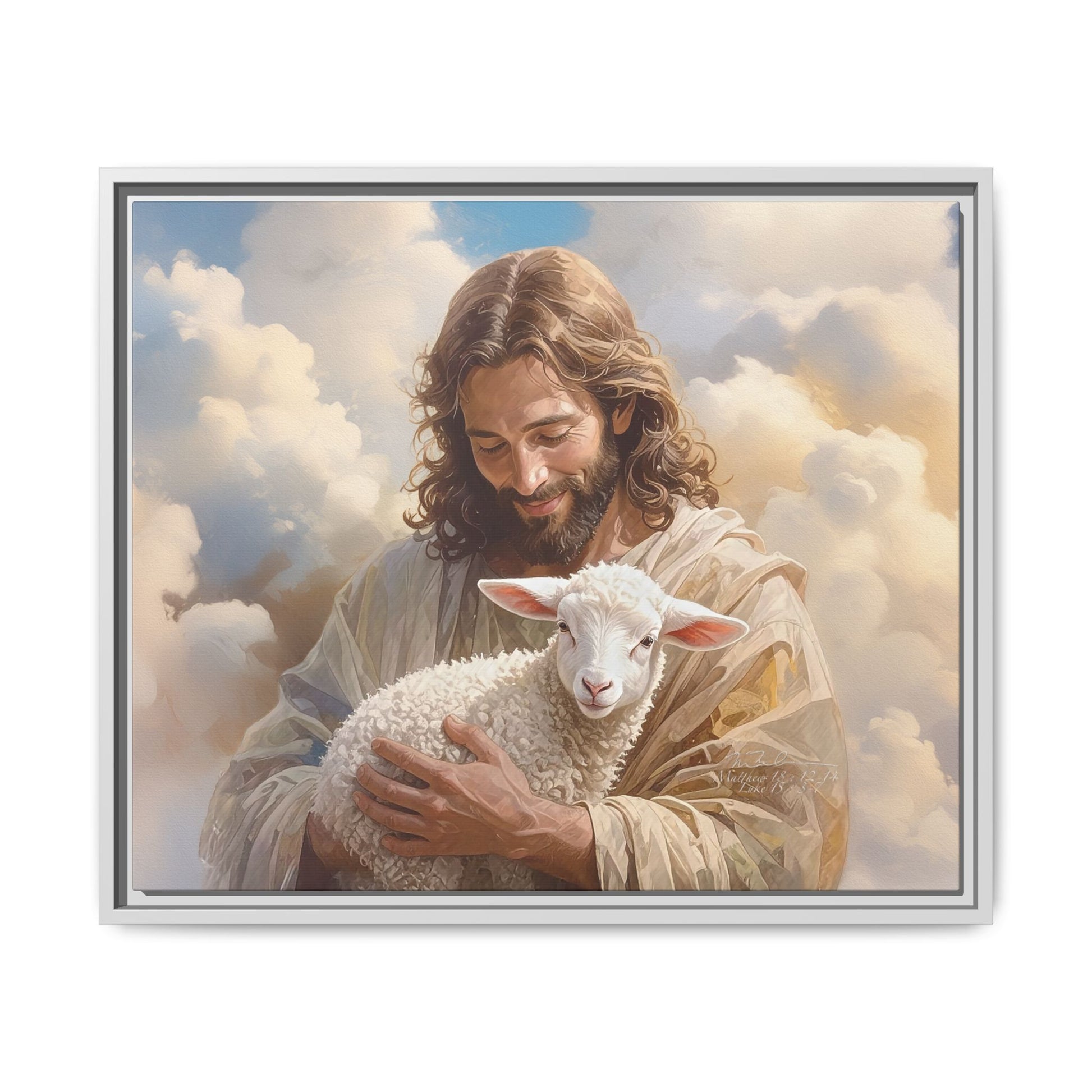 Jesus Christ and the Lost Lamb - Framed Matte Canvas Print.