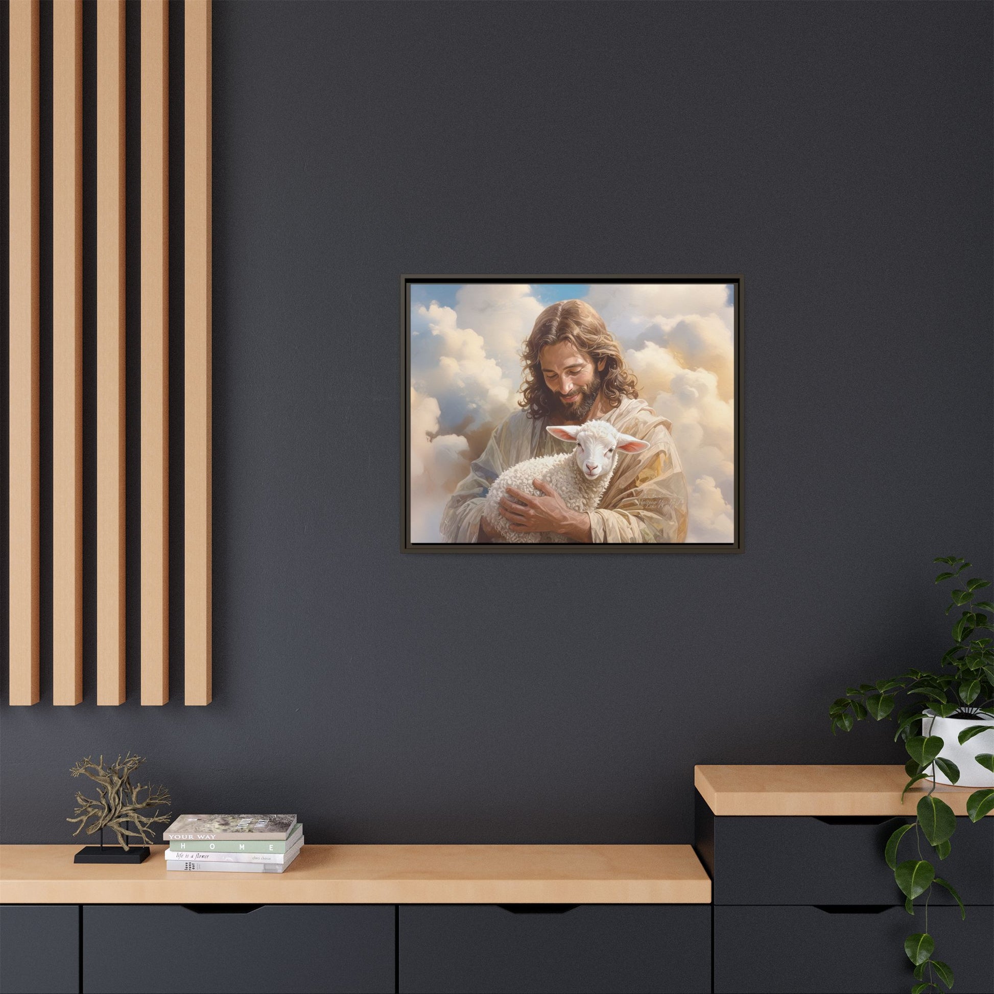 Jesus Christ and the Lost Lamb - Framed Matte Canvas Print.