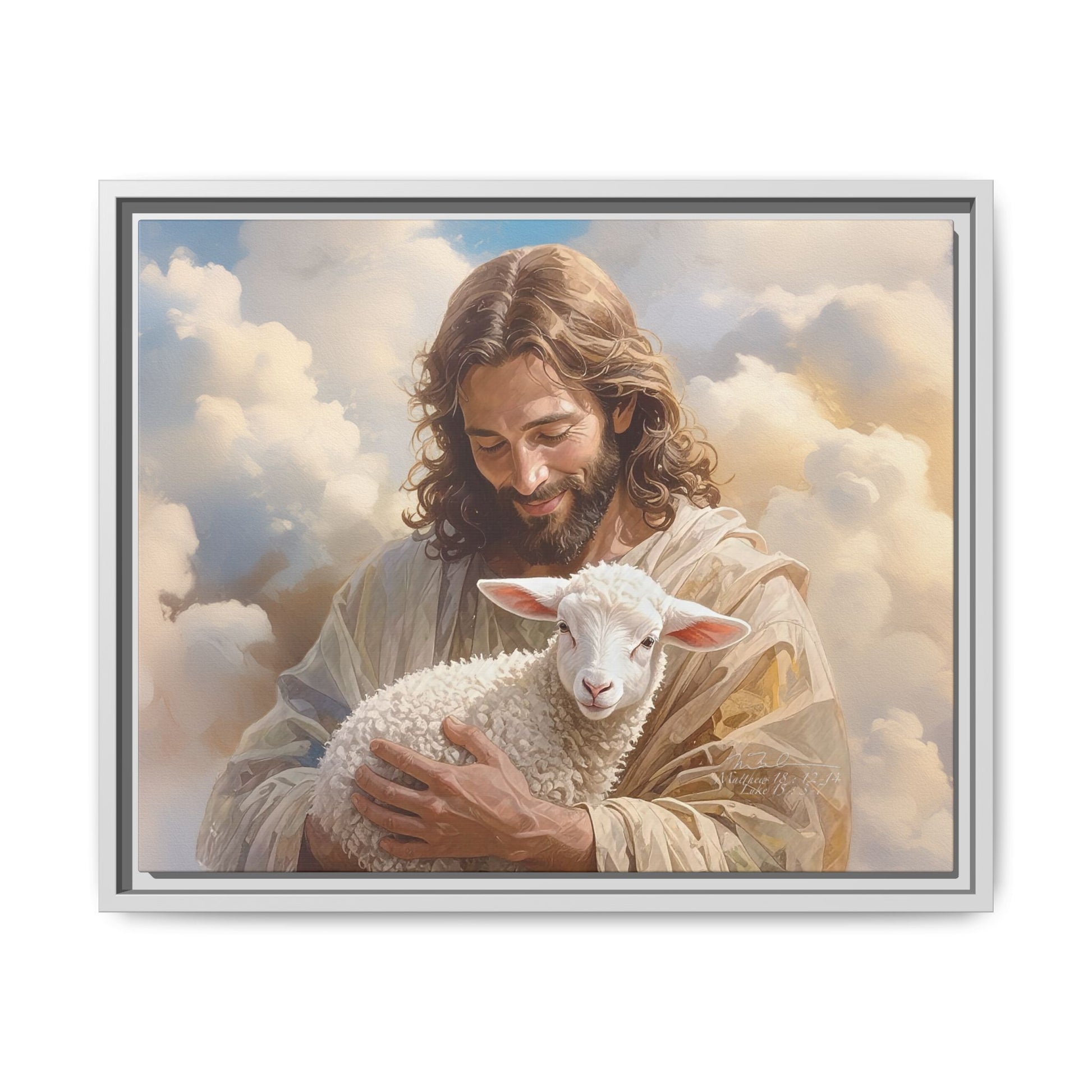 Jesus Christ and the Lost Lamb - Framed Matte Canvas Print.