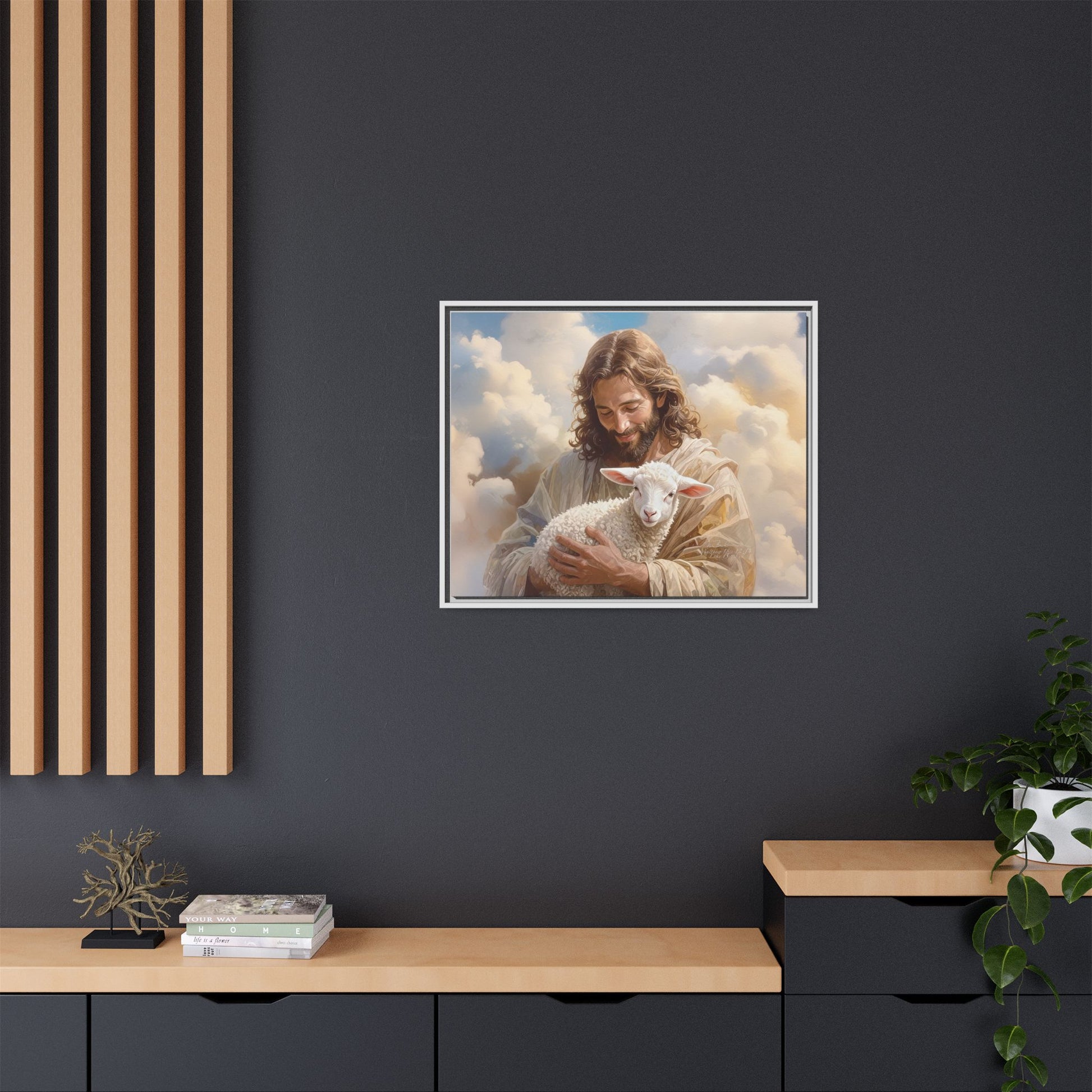 Jesus Christ and the Lost Lamb - Framed Matte Canvas Print.