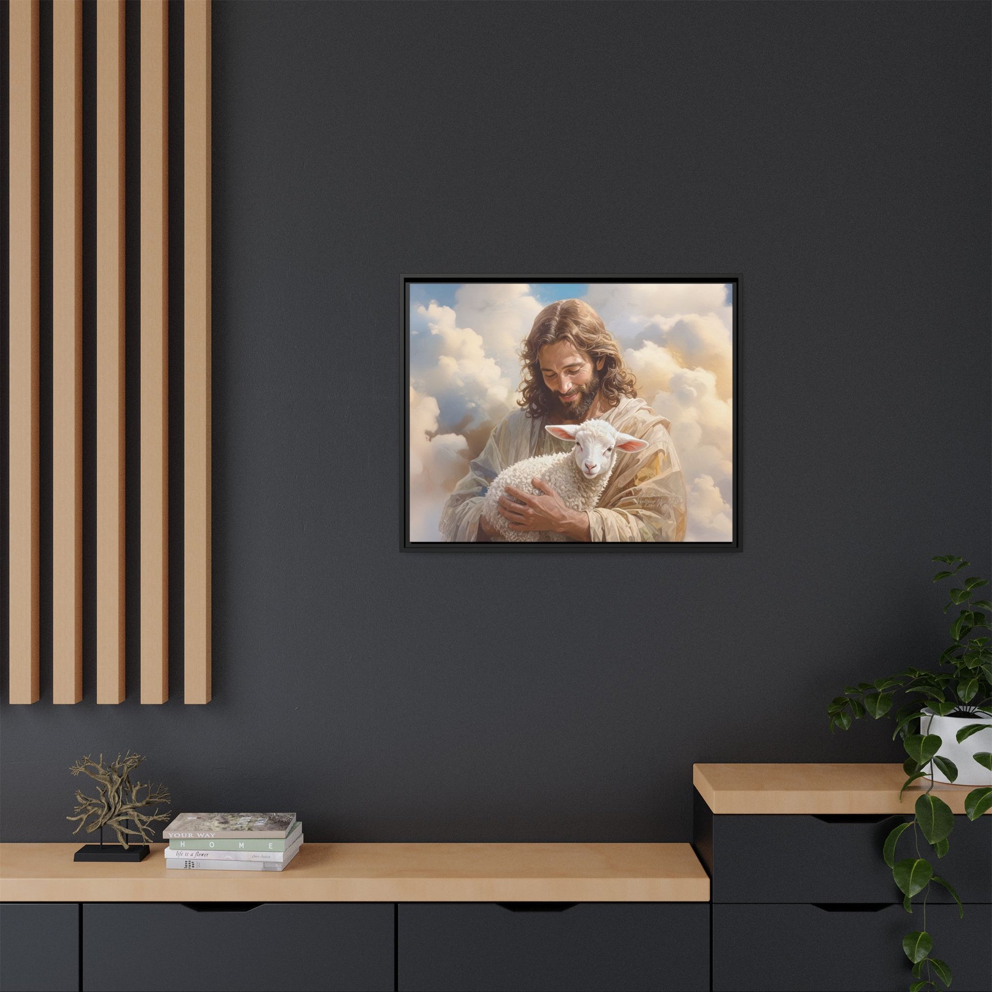 Jesus Christ and the Lost Lamb - Framed Matte Canvas Print.