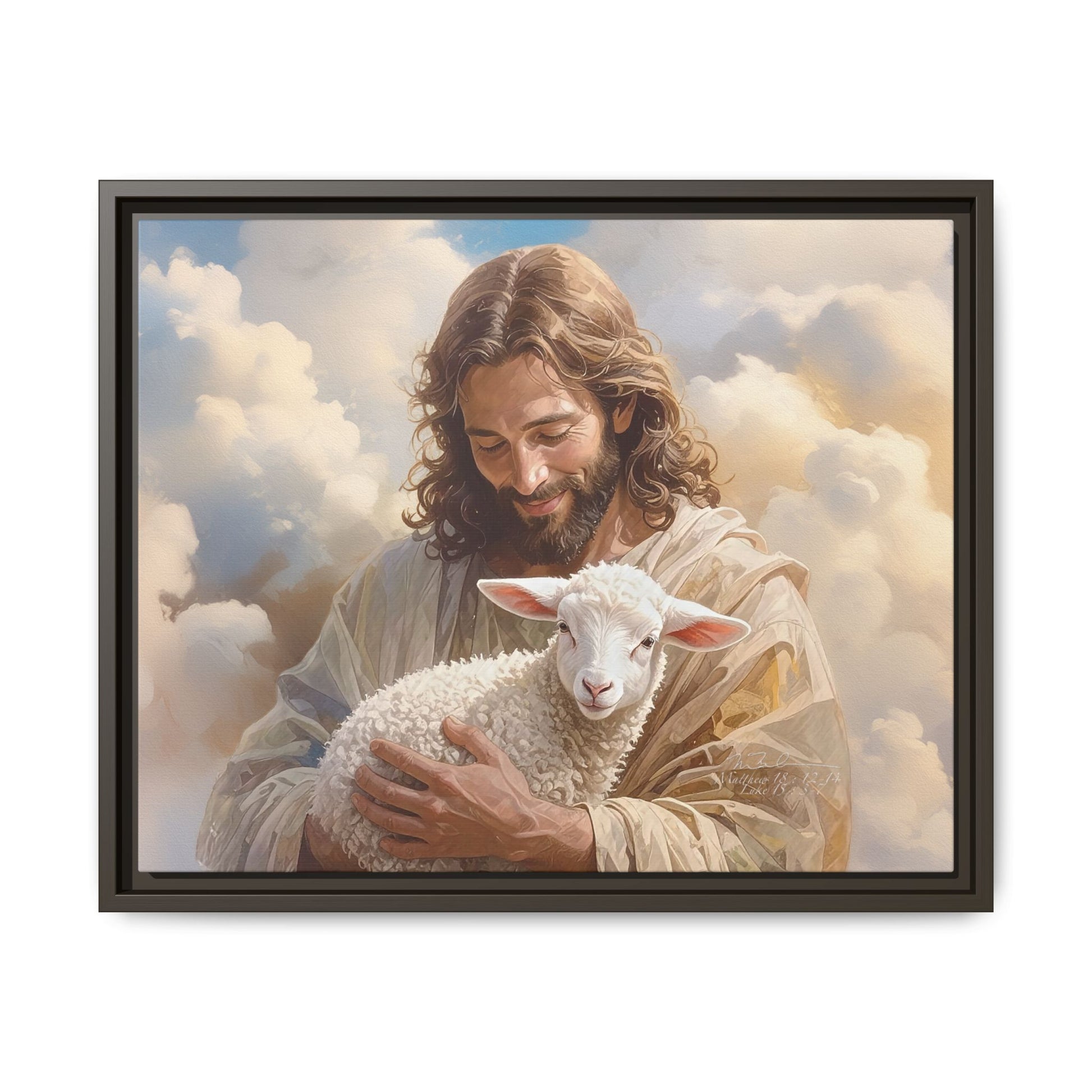 Jesus Christ and the Lost Lamb - Framed Matte Canvas Print.