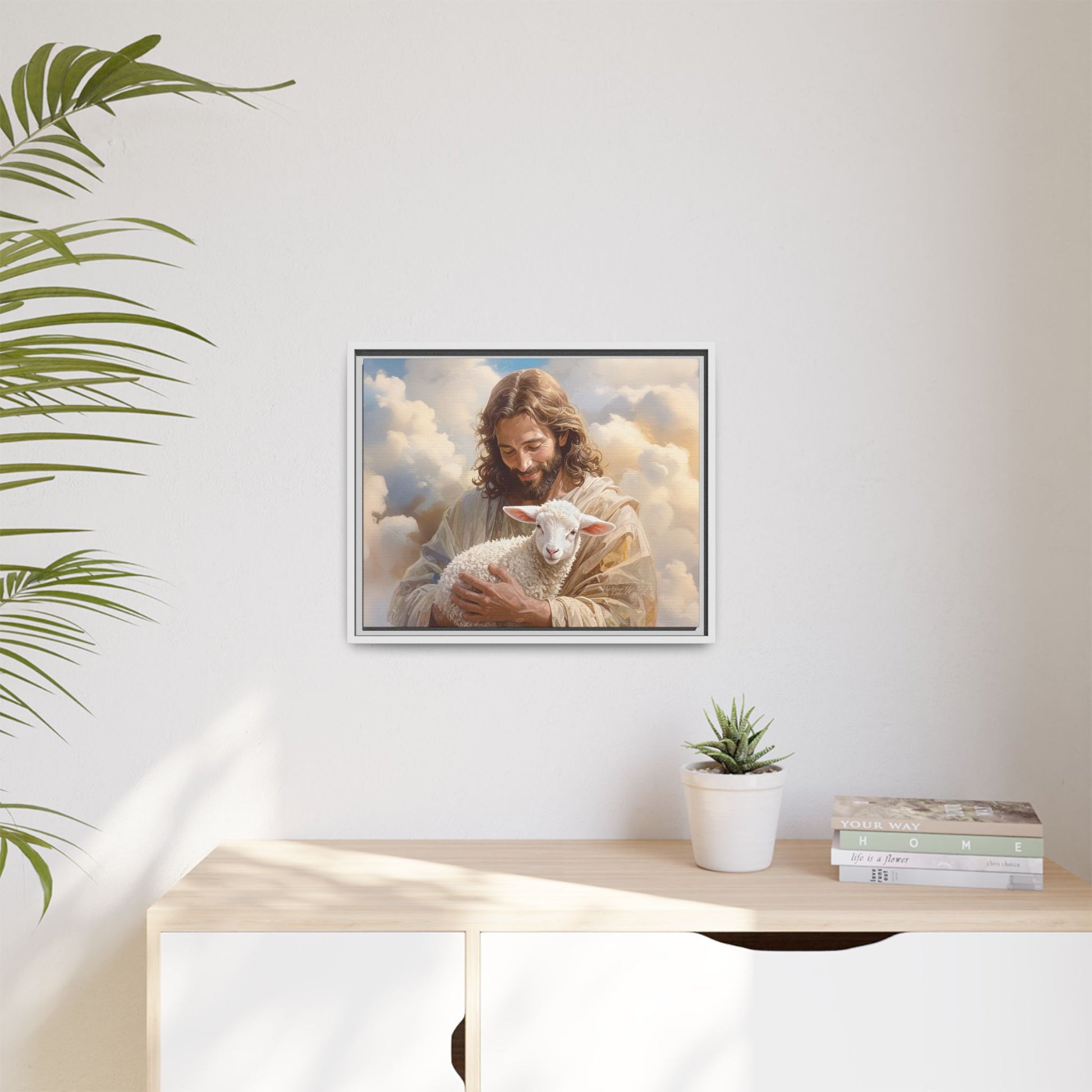 Jesus Christ and the Lost Lamb - Framed Matte Canvas Print.