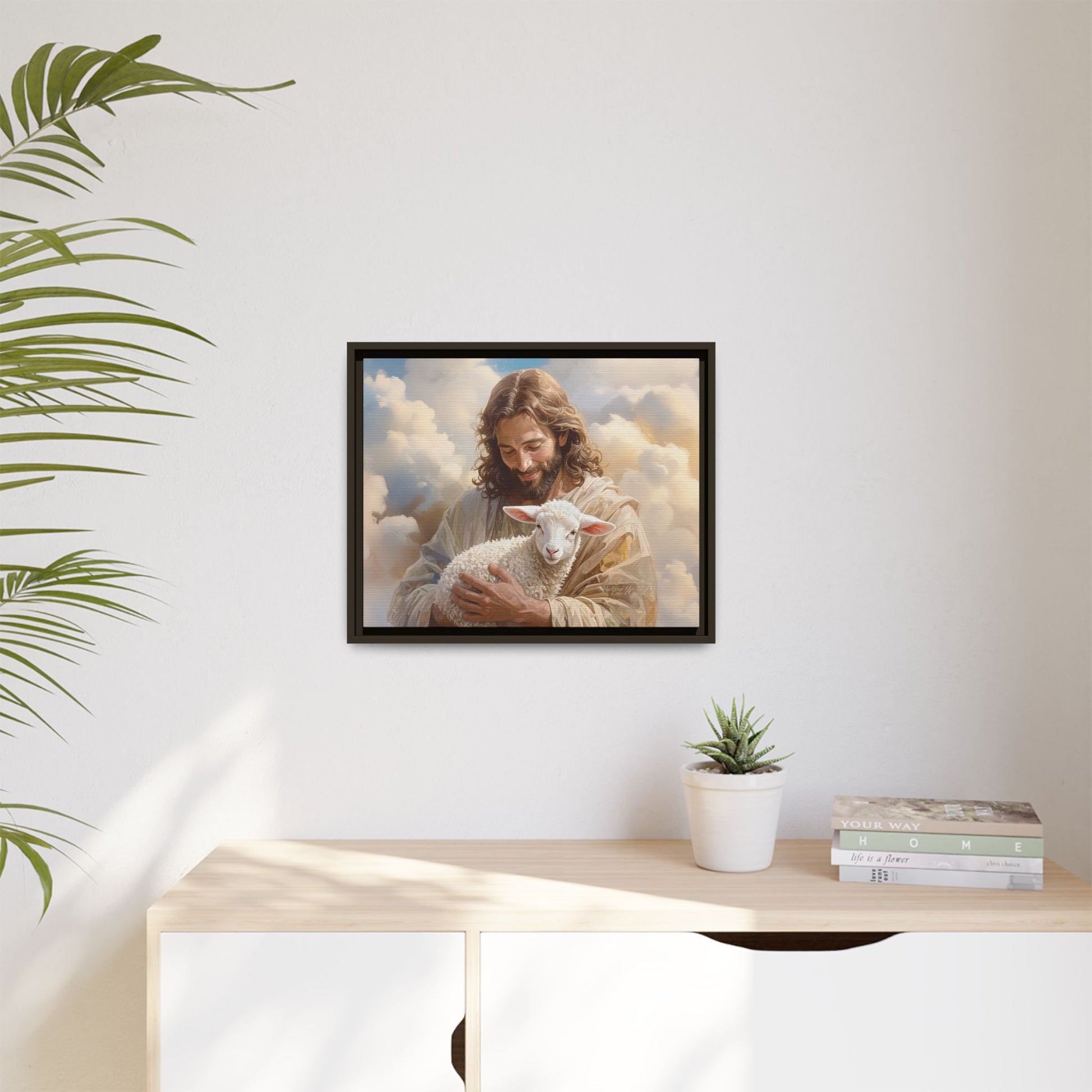 Jesus Christ and the Lost Lamb - Framed Matte Canvas Print.