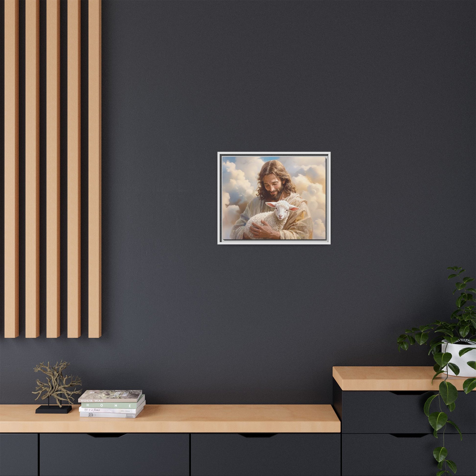 Jesus Christ and the Lost Lamb - Framed Matte Canvas Print.