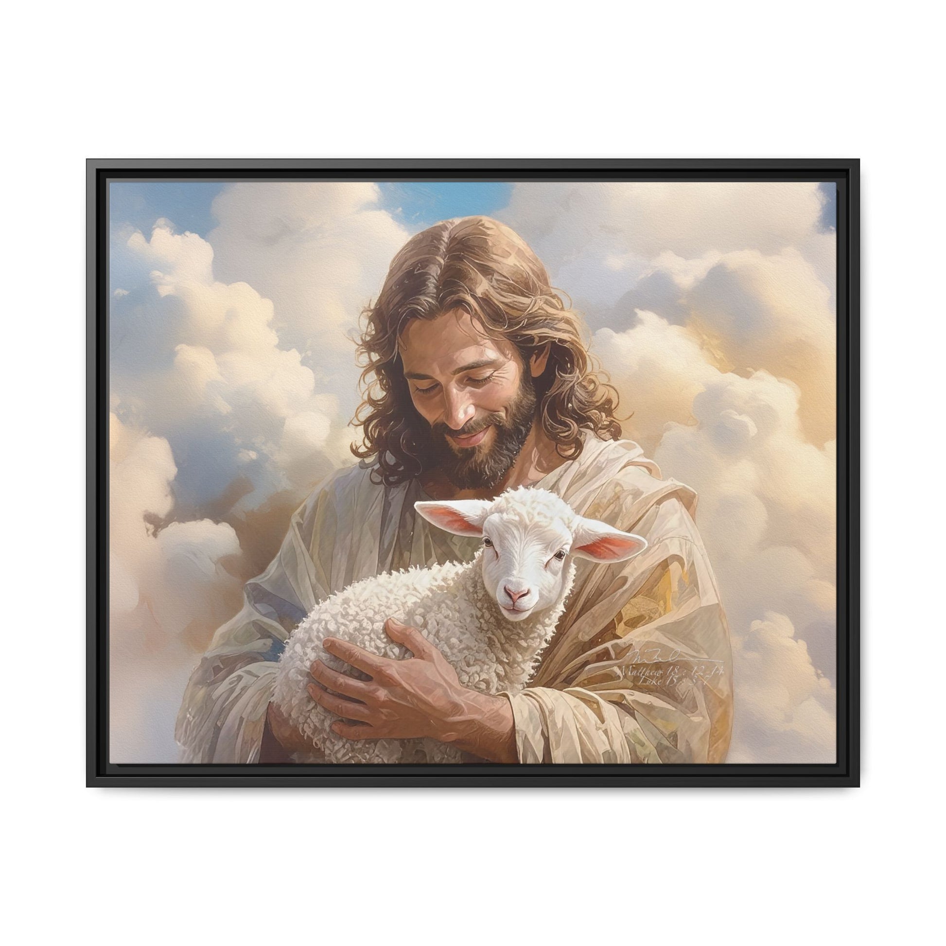 Jesus Christ and the Lost Lamb - Framed Matte Canvas Print.